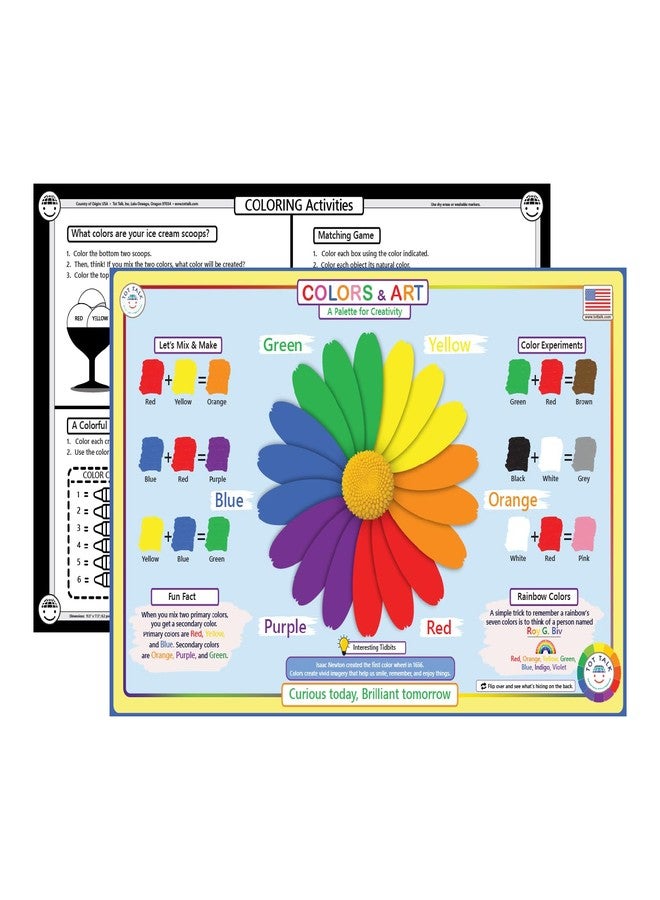 Tot Talk Colors & Art Educational Placemat for Kids – Made in USA – Durable, Double-Sided, Colors & Art Placemat Color Theory, Art History, & Famous Art – Waterproof Wipeable, 17.5” x 11.5” - Image 1