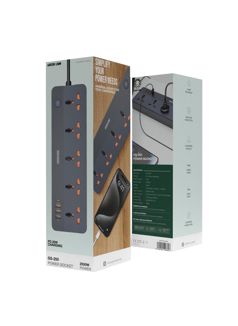 GREEN LION - GS-250 Power Socket 2500W / 5 Universal Sockets / PD 20W Charging / Fast Charging / Lightning Protection / Overload Protection / Flame Retardant - Black - Image 1
