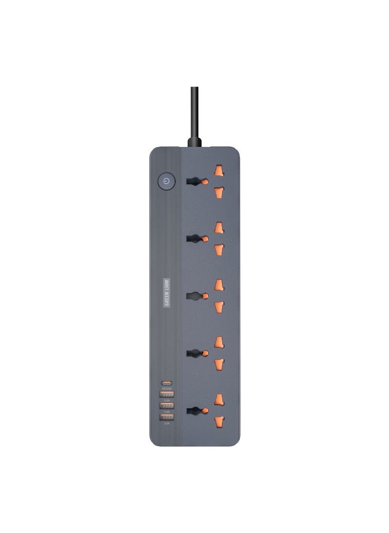 GREEN LION - GS-250 Power Socket 2500W / 5 Universal Sockets / PD 20W Charging / Fast Charging / Lightning Protection / Overload Protection / Flame Retardant - Black - Image 1