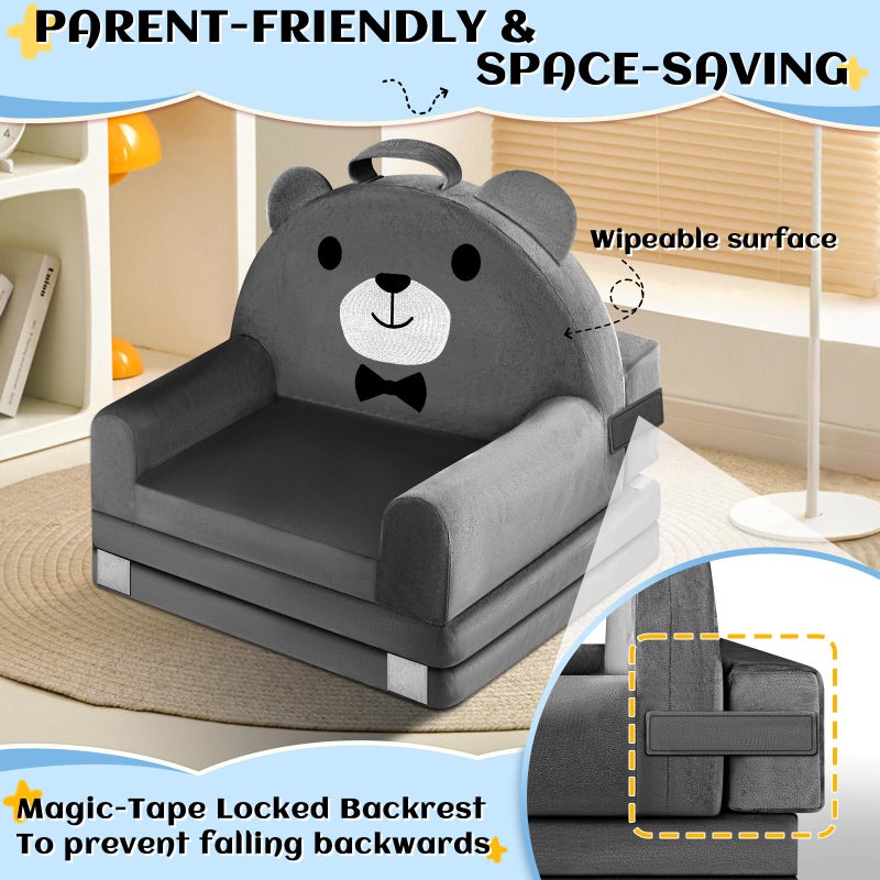 ORWIPO Kids Sofa Bed with Removable Washable Cover & Magic-Tape Backrest â€“ Foldable Toddler Chair, Cozy Crystal Velvet Furniture for Playtime, Naps & Travel (Dark Gray, Bear Design) - Image 4