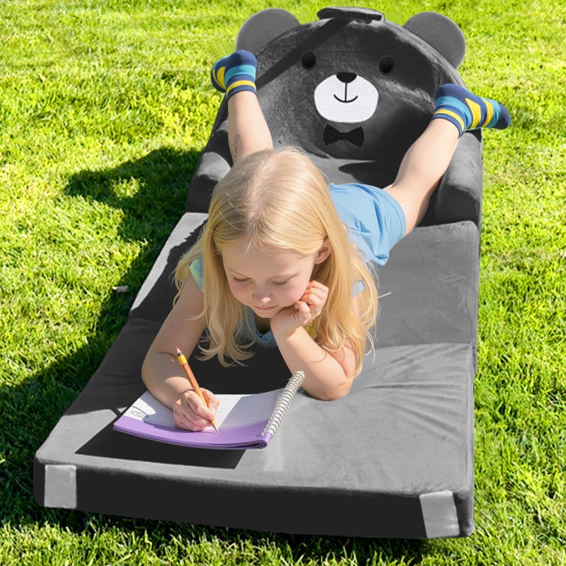 ORWIPO Kids Sofa Bed with Removable Washable Cover & Magic-Tape Backrest â€“ Foldable Toddler Chair, Cozy Crystal Velvet Furniture for Playtime, Naps & Travel (Dark Gray, Bear Design) - Image 2