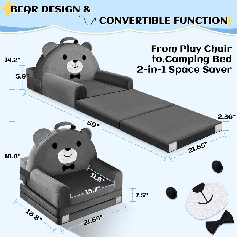 ORWIPO Kids Sofa Bed with Removable Washable Cover & Magic-Tape Backrest â€“ Foldable Toddler Chair, Cozy Crystal Velvet Furniture for Playtime, Naps & Travel (Dark Gray, Bear Design) - Image 3