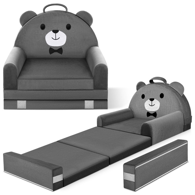 ORWIPO Kids Sofa Bed with Removable Washable Cover & Magic-Tape Backrest â€“ Foldable Toddler Chair, Cozy Crystal Velvet Furniture for Playtime, Naps & Travel (Dark Gray, Bear Design) - Image 1