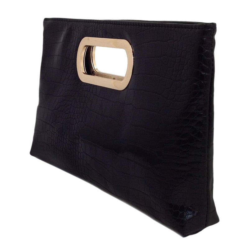 JNB Crocodile Synthetic Leather Top Handle Clutch, BLACK Medium - Image 2