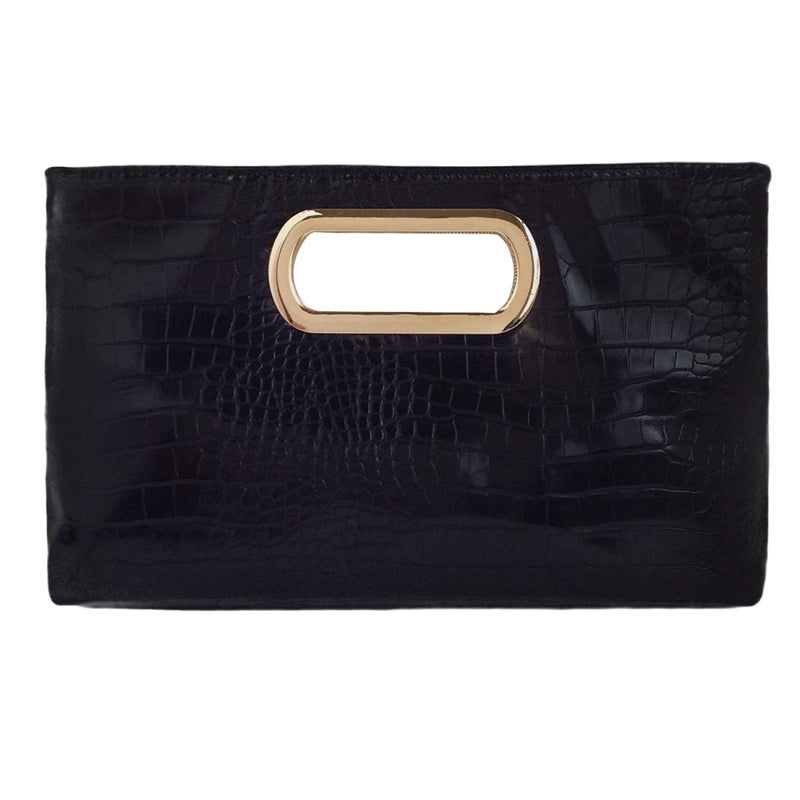 JNB Crocodile Synthetic Leather Top Handle Clutch, BLACK Medium - Image 1