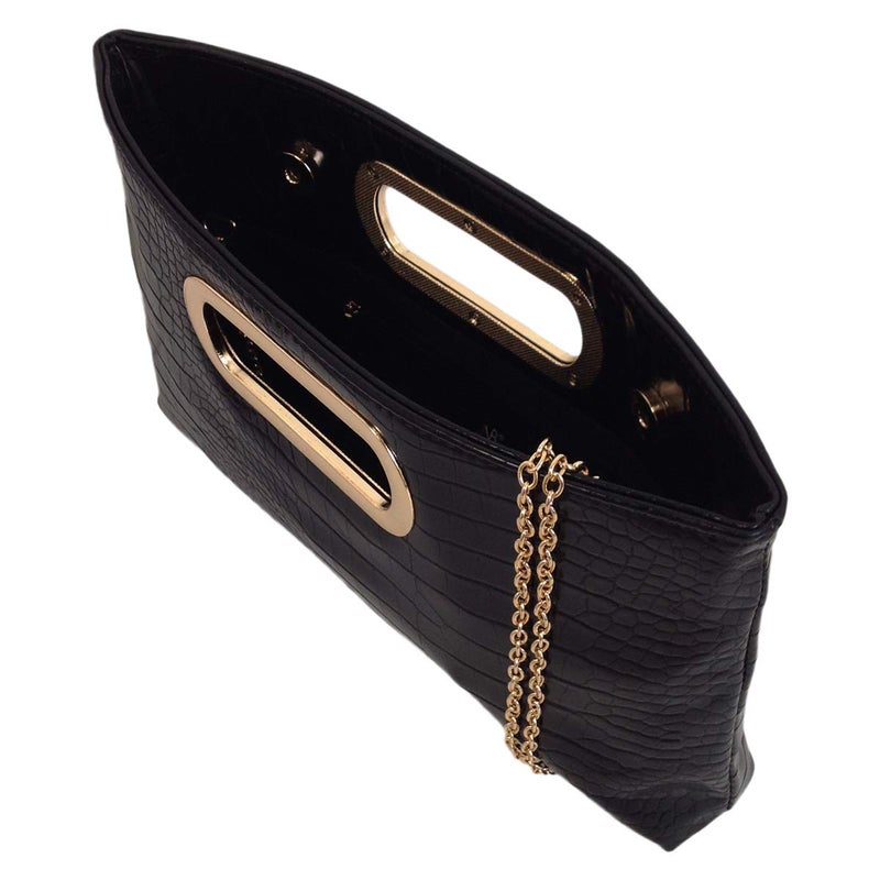 JNB Crocodile Synthetic Leather Top Handle Clutch, BLACK Medium - Image 4