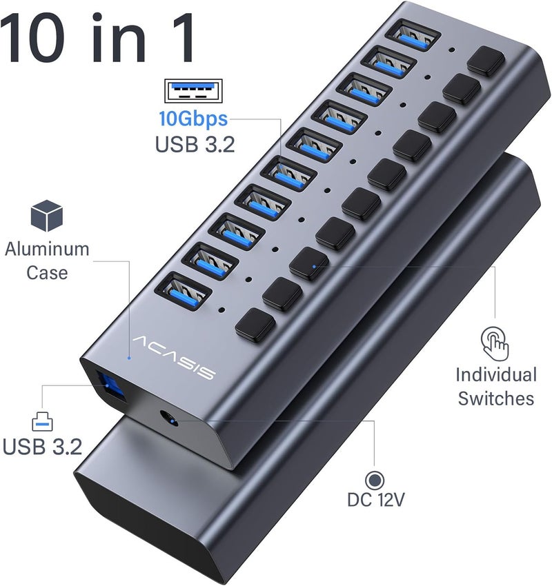 أكاسيس محور USB مزود بالطاقة من ، 10 منافذ USB 3.0 لنقل البيانات، مفاتيح تشغيل/إيقاف فردية، محول طاقة 12V4A 48W، مقسم USB 3.0 لتمديد الاتصال لأجهزة MacBook وMac Pro/Mini وiMac وSurface Pro Laptop/PC - Image 2