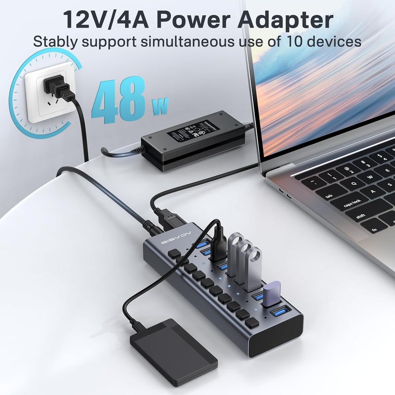 أكاسيس محور USB مزود بالطاقة من ، 10 منافذ USB 3.0 لنقل البيانات، مفاتيح تشغيل/إيقاف فردية، محول طاقة 12V4A 48W، مقسم USB 3.0 لتمديد الاتصال لأجهزة MacBook وMac Pro/Mini وiMac وSurface Pro Laptop/PC - Image 4