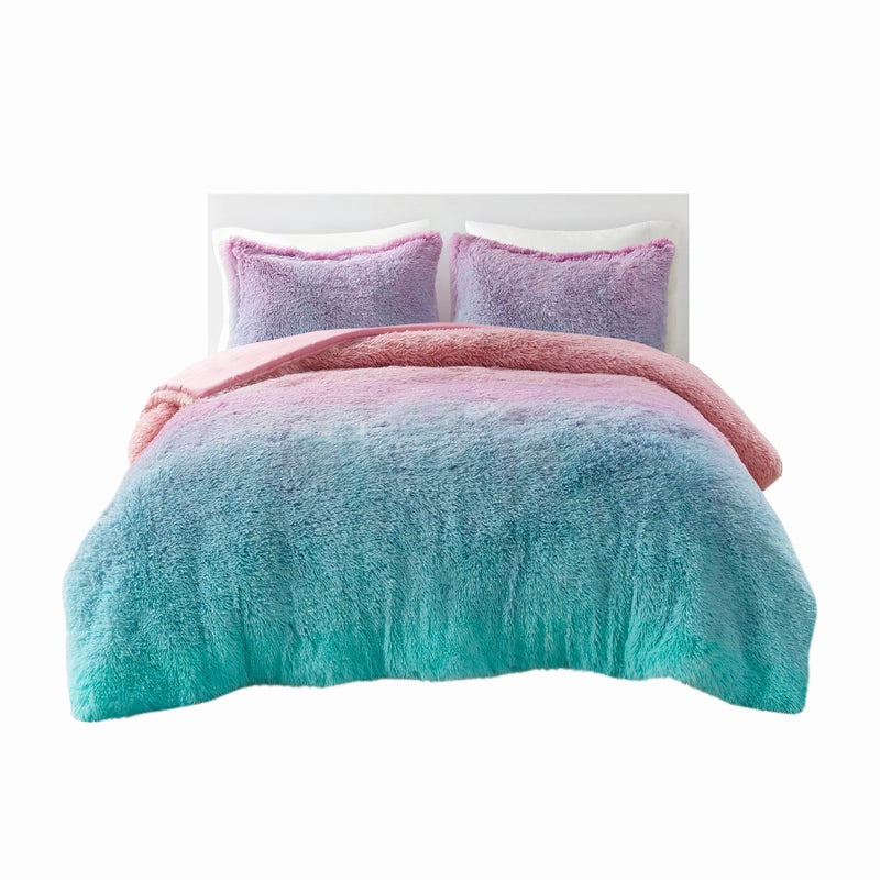 Intelligent Design Soft Faux Fur Comforter Set for Girls Bedroom Decor Trendy Vibrant Ombre Color Down Alternative Warm Cozy Fluffy Bedding with Matching Sham Full Queen Purple Multi 3 Piece