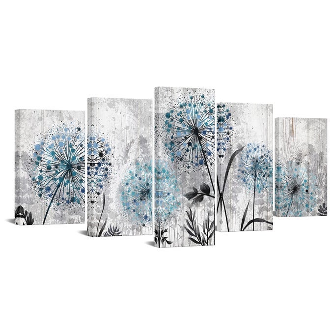 DANDELION WALL ART BLUE AND GREY FLORAL CANVAS PICTURE FOR FARMHOUSE HOME OFFICE DECOR FRAMED ARTWORK READY TO HANG