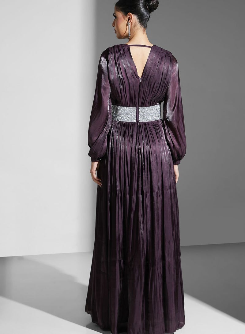 Embellished Belted Balloon Sleeve Plisse Dress