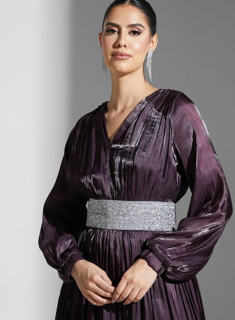 Embellished Belted Balloon Sleeve Plisse Dress
