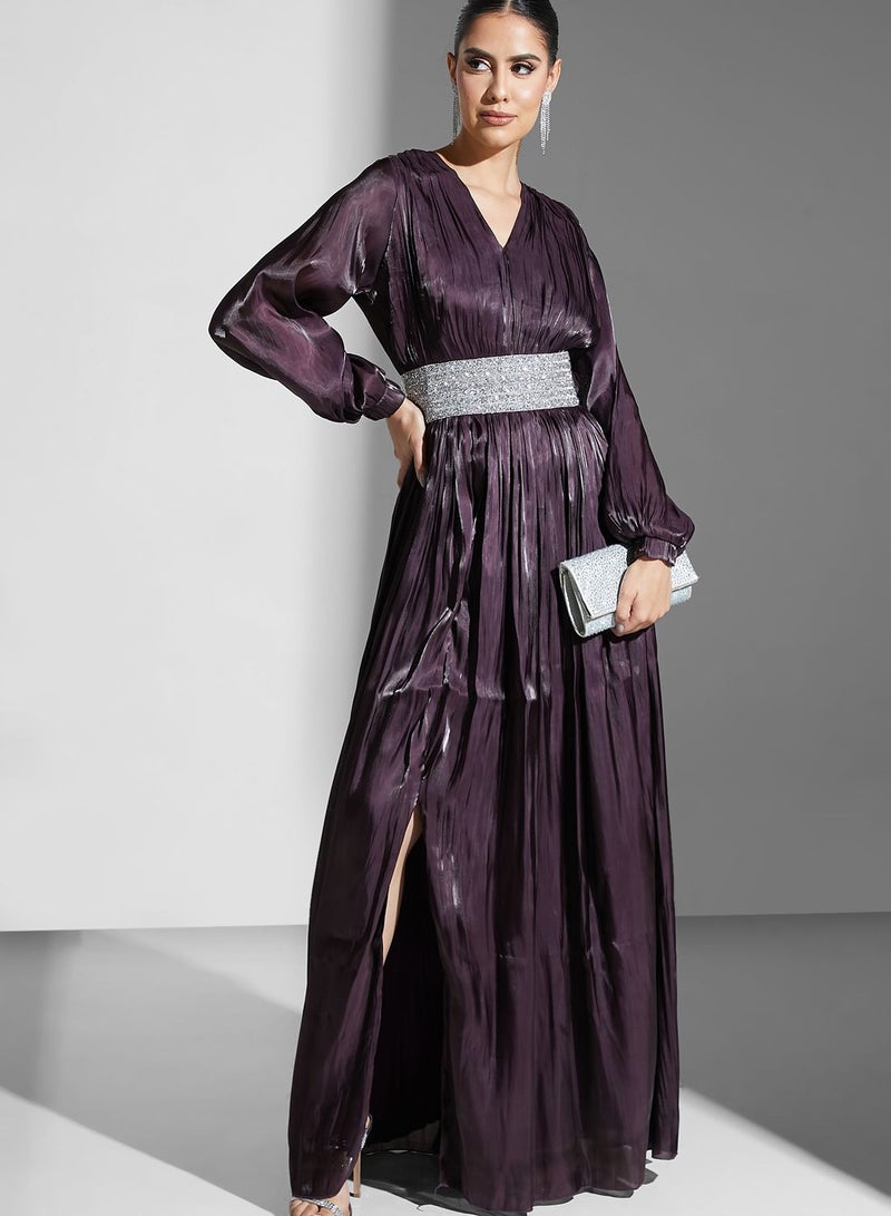 Embellished Belted Balloon Sleeve Plisse Dress