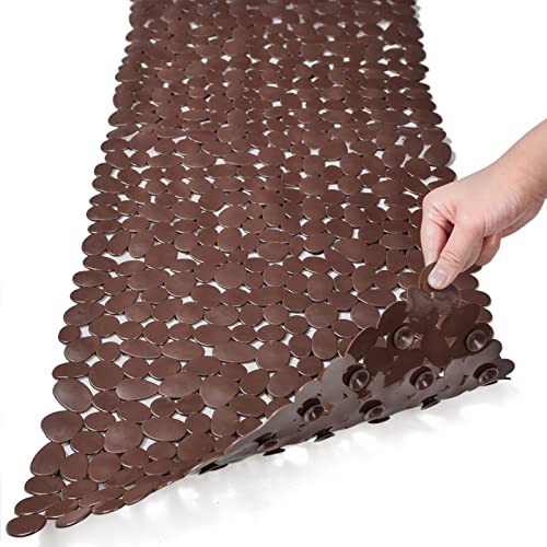 SONGZIMING Bathtub Mat Non Slip Pebble Bath Shower Mat with Drain Holes, Suction Cups Mat for Tub (16" W x 35" L,Brown) - Image 1