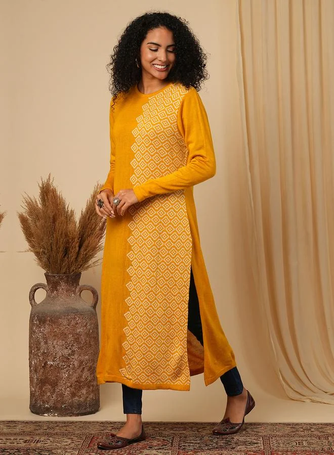 جلو باص كورتا شتوية بقصة واسعة منسوجة بطبعة هندسية