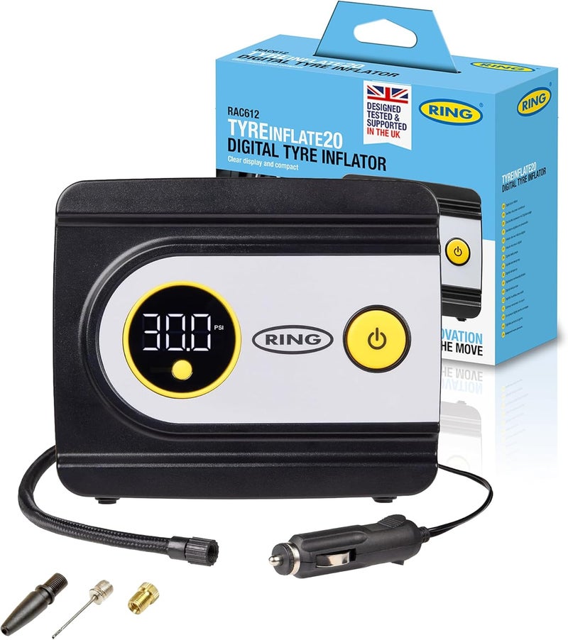 Ring TYREINFLATE 20 Digital Tyre Inflator with Three Adaptors - Measures in PSI, BAR and kPA - Image 1