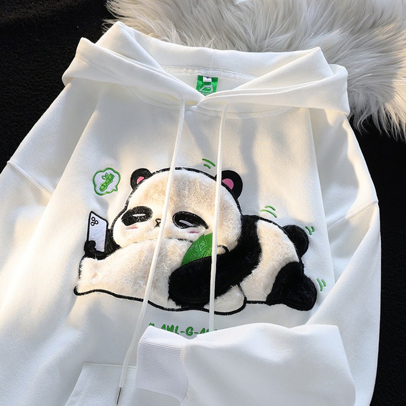 Oversize Flocking Cute Panda Hoodie Unisex Autumn Loose Lazy Style Couple Jacket Polyester Long Sleeve Mid-Length Casual Sweatshirt Black  - Image 3