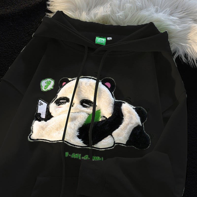 Oversize Flocking Cute Panda Hoodie Unisex Autumn Loose Lazy Style Couple Jacket Polyester Long Sleeve Mid-Length Casual Sweatshirt Black  - Image 1