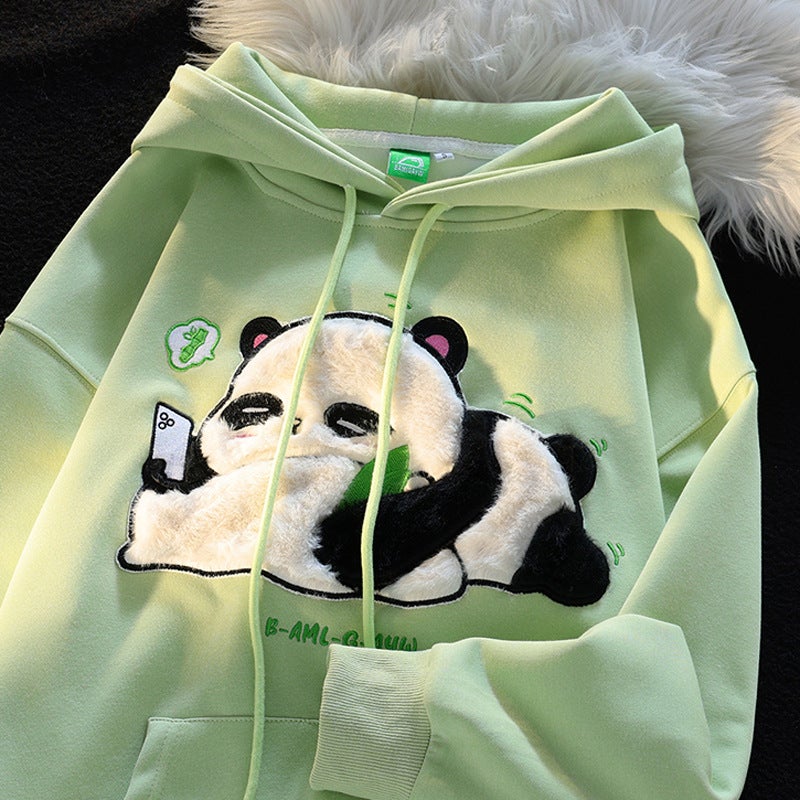 Oversize Flocking Cute Panda Hoodie Unisex Autumn Loose Lazy Style Couple Jacket Polyester Long Sleeve Mid-Length Casual Sweatshirt Black  - Image 5