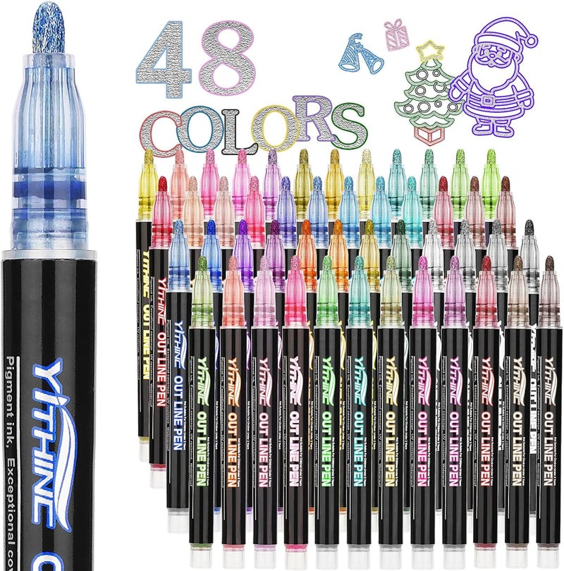 YITHINC Outline Shimmer Markers, Tween Teen Girl Gifts Trendy Stuff, 48 Glitter Metallic Gel Pens Coloring, Arts and Crafts Drawing Supplies Kits Birthday Gift for Kids Girls Ages 4, 6, 8, 10, 12 Year Old - Image 1
