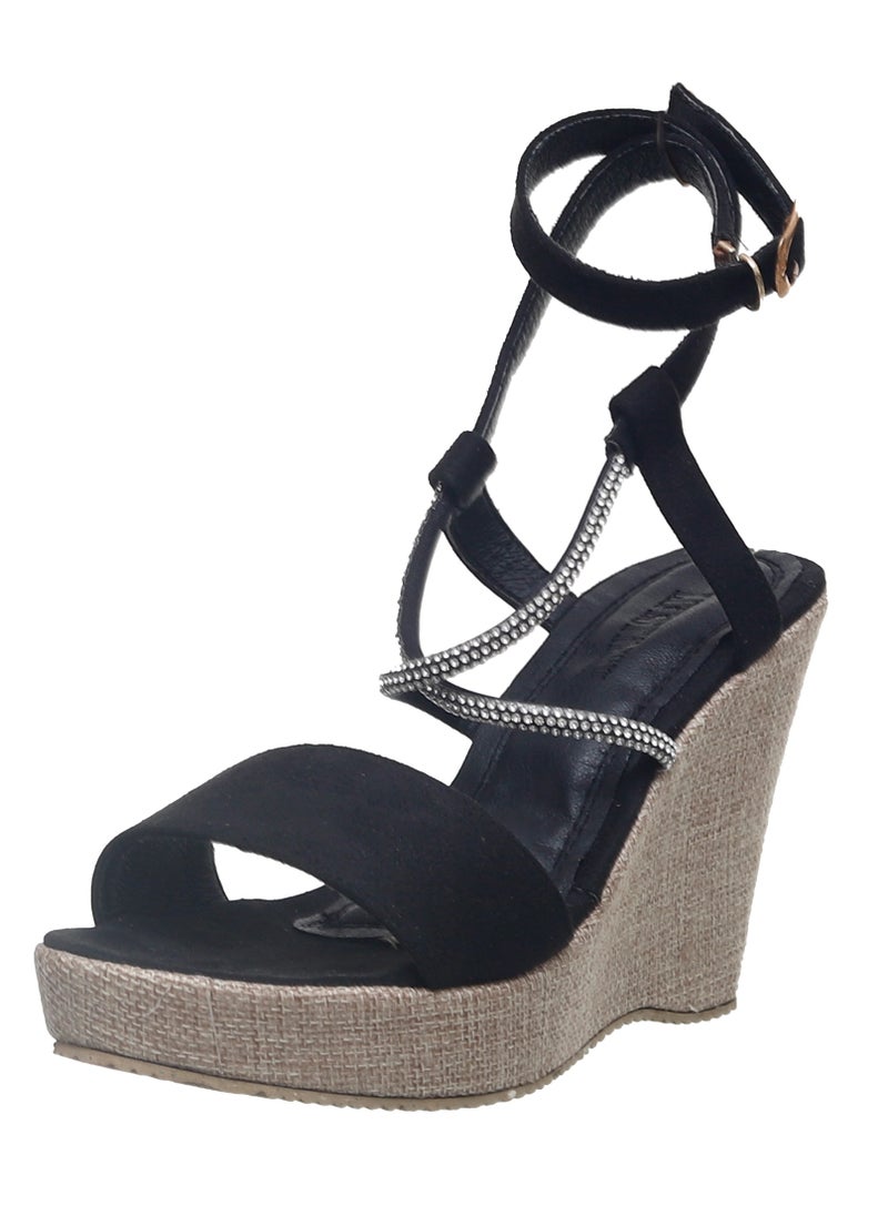 LIFESTYLISH - Sandal Heels Wedge Suede With Diamond Straps W-7 - Black - Image 1