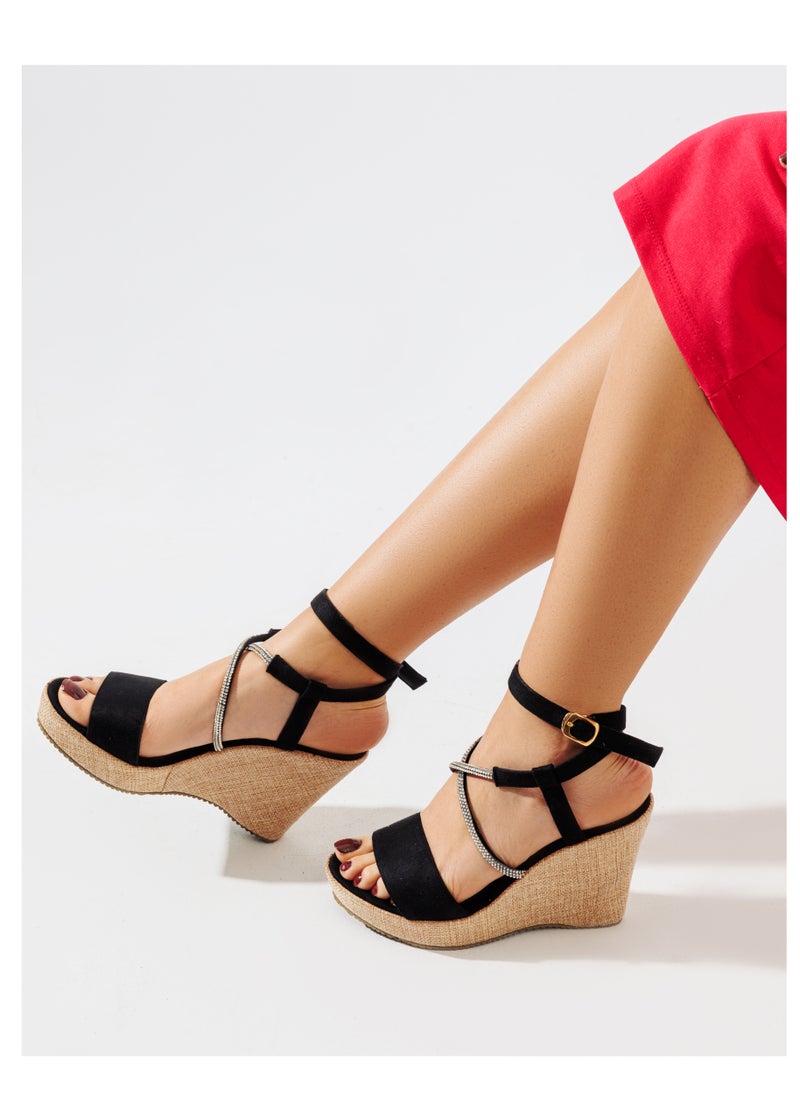 LIFESTYLISH - Sandal Heels Wedge Suede With Diamond Straps W-7 - Black - Image 1
