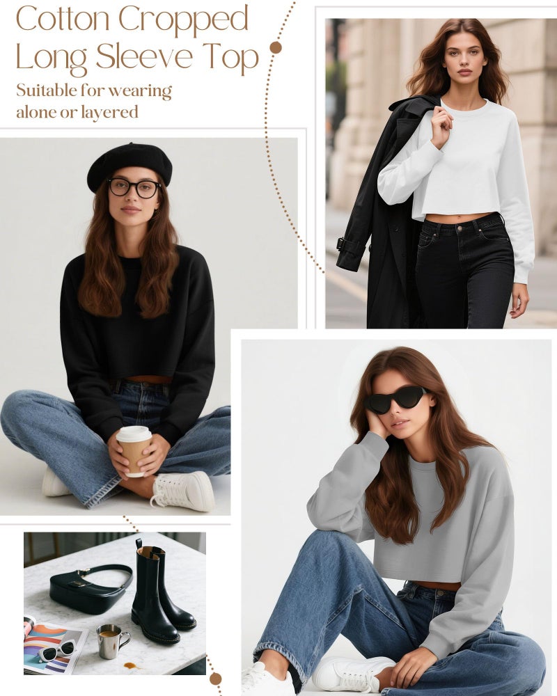 Ficerd Women's 3 Pack Long Sleeve Cotton Crop Tops Casual Loose Crew Neck Drop Shoulder Cropped Shirts Basic Tees(Black, White, Light Gray,M) - Image 2