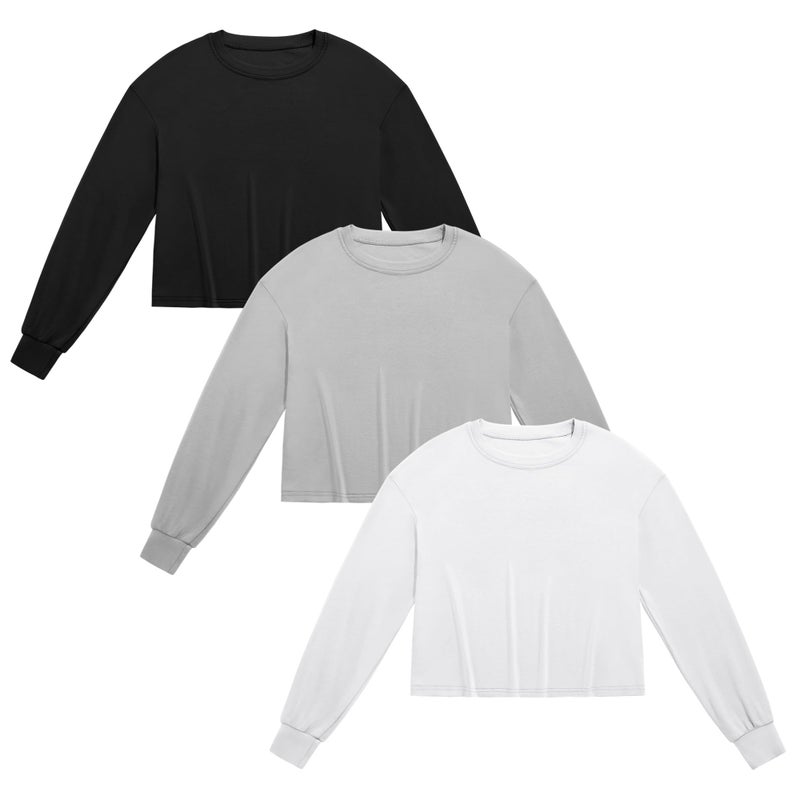 Ficerd Women's 3 Pack Long Sleeve Cotton Crop Tops Casual Loose Crew Neck Drop Shoulder Cropped Shirts Basic Tees(Black, White, Light Gray,M) - Image 3