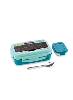 Nabhya Good Meal Small Stainless Steel Lunch Box For Kids,Outer Plastic & Inner Steel Tiffin Box For School & Office, Kids Lunch Box With Extra Steel Katori & Steel Spoon (700 With Print, Blue)  - Image 1