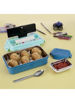 Nabhya Good Meal Small Stainless Steel Lunch Box For Kids,Outer Plastic & Inner Steel Tiffin Box For School & Office, Kids Lunch Box With Extra Steel Katori & Steel Spoon (700 With Print, Blue)  - Image 3