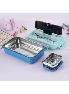 Nabhya Good Meal Small Stainless Steel Lunch Box For Kids,Outer Plastic & Inner Steel Tiffin Box For School & Office, Kids Lunch Box With Extra Steel Katori & Steel Spoon (700 With Print, Blue)  - Image 2