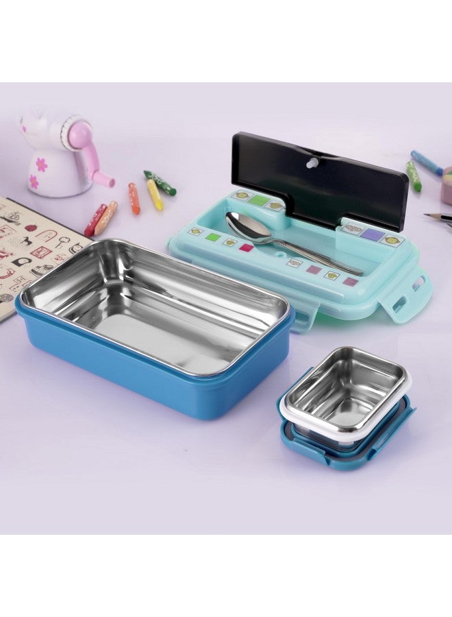 Nabhya Good Meal Small Stainless Steel Lunch Box For Kids,Outer Plastic & Inner Steel Tiffin Box For School & Office, Kids Lunch Box With Extra Steel Katori & Steel Spoon (700 With Print, Blue) - Image 2