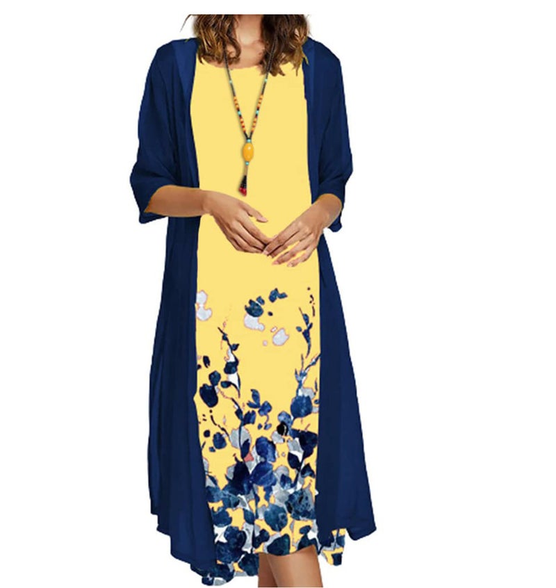 2022 European and American Amazon summer womens dress two-piece set popular flowers and plants printed round neck dress coat for women Purple carnation - Image 5