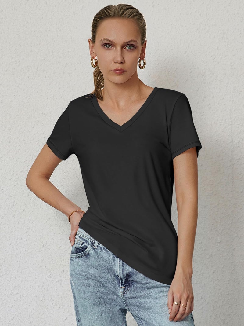 ATHMILE Womens Tops Shirts for Women Short Sleeve V Neck Tee Summer Fashion Trendy Soft Casual Spring Clothes Outfits Beach Black - Image 4