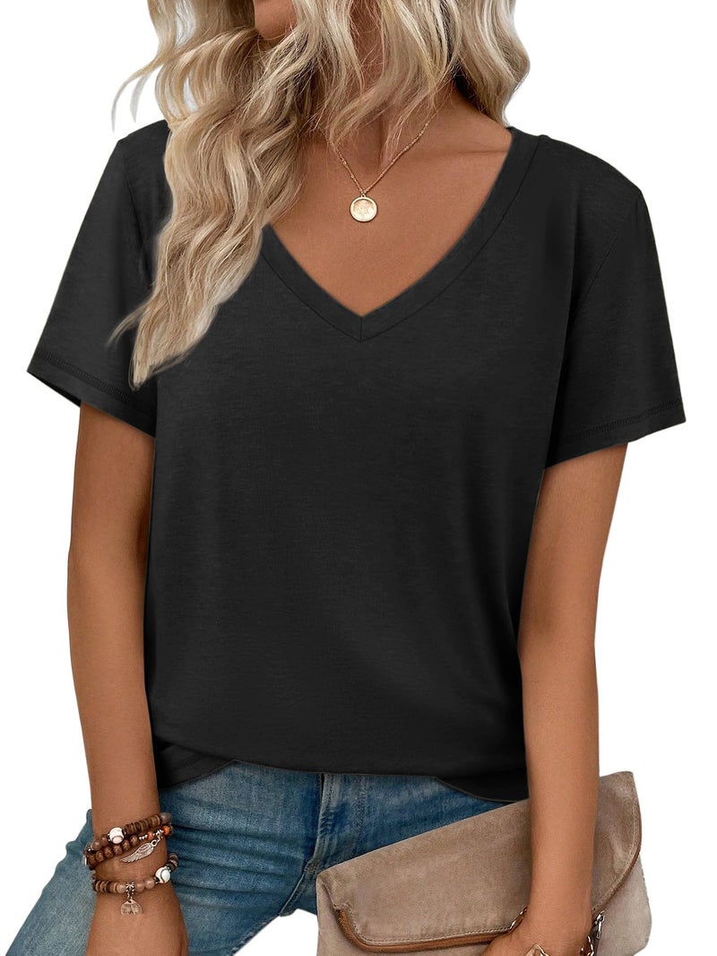 ATHMILE Womens Tops Shirts for Women Short Sleeve V Neck Tee Summer Fashion Trendy Soft Casual Spring Clothes Outfits Beach Black - Image 1