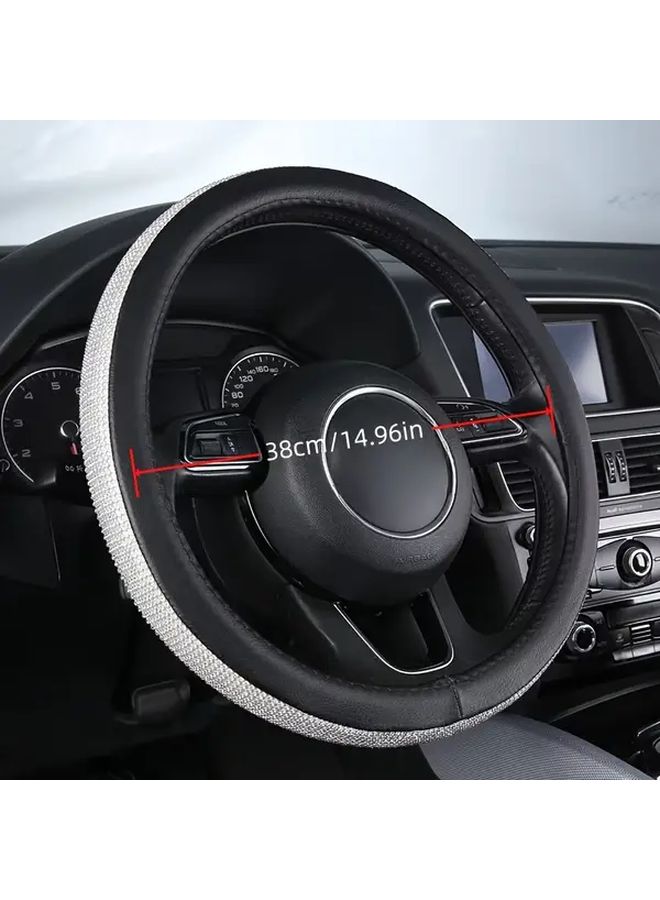 Black White Bling Diamond Faux Leather Steering Wheel Cover 15 Inch Universal Fit - Image 2