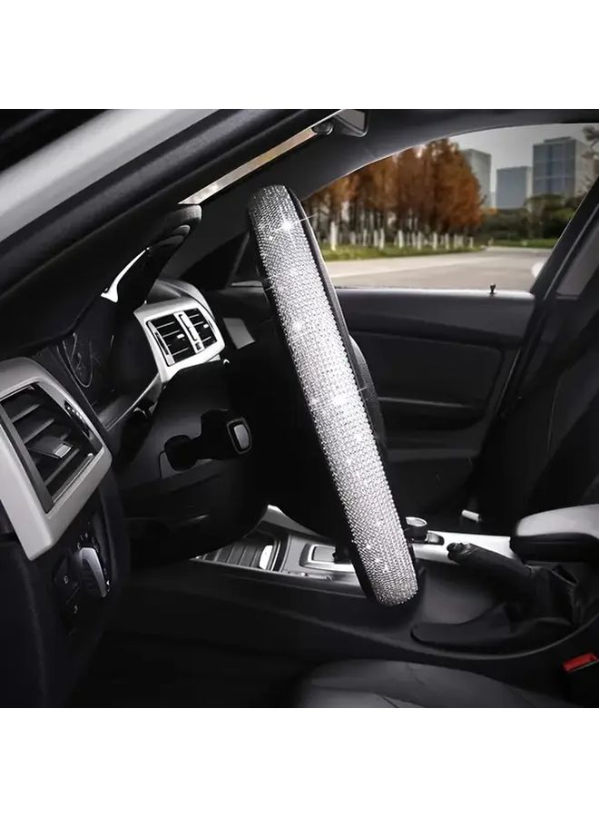 Black White Bling Diamond Faux Leather Steering Wheel Cover 15 Inch Universal Fit - Image 3