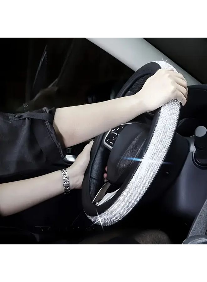 Black White Bling Diamond Faux Leather Steering Wheel Cover 15 Inch Universal Fit - Image 4