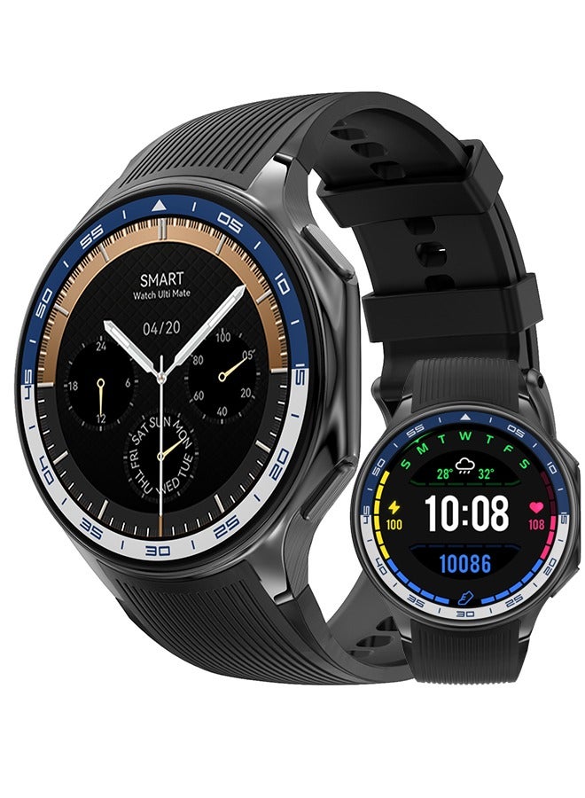 RollsTimi  Men's Exquisite Bluetooth Smartwatch, 1.43 Inch Full Screen Touch, Black Silicone Strap，Answering/Making Calls, Sports Sleep Heart Rate Monitoring, Universal For Android 4.4 And IOS 10.0 Systems, IP68 Waterproof RT--DT Watch X  - Image 1