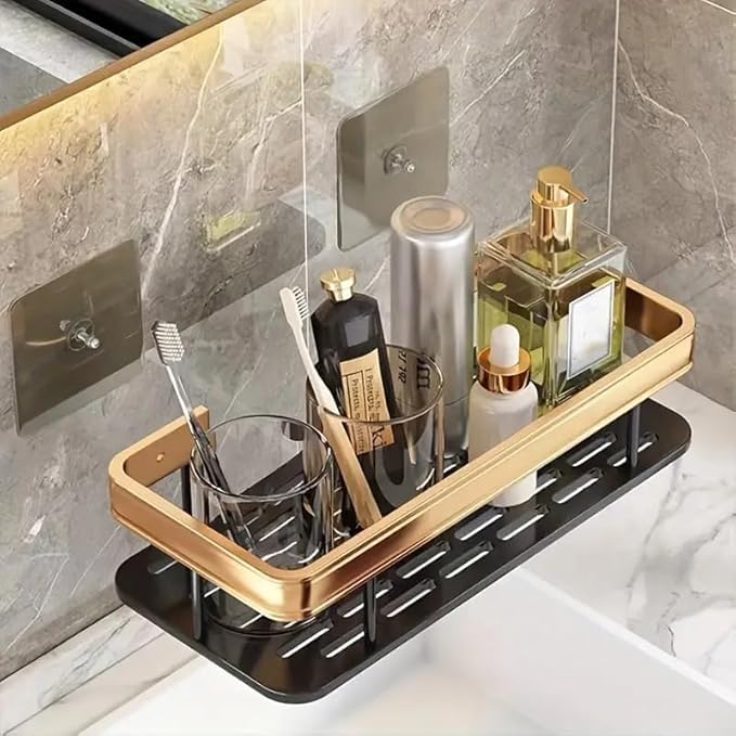 ACUDY Premium Aluminum Shower Caddy Shelf Golden SelfAdhesive Wall Mounted Bathroom Kitchen Organizer SpaceSaving PunchFree Storage Rack Pack of 1 - Image 2