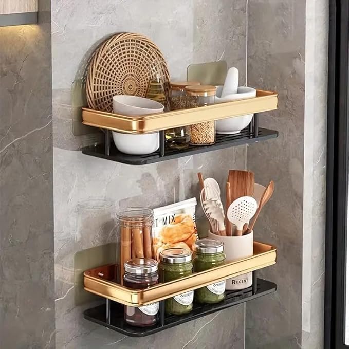 ACUDY Premium Aluminum Shower Caddy Shelf Golden SelfAdhesive Wall Mounted Bathroom Kitchen Organizer SpaceSaving PunchFree Storage Rack Pack of 1 - Image 4