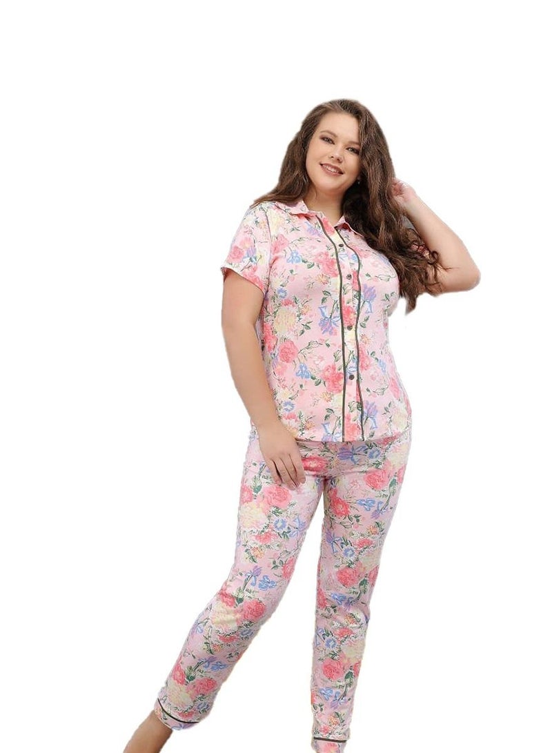 Ganna Women's short-sleeved pyjamas with buttons and summer long pants made of cotton large sizes 