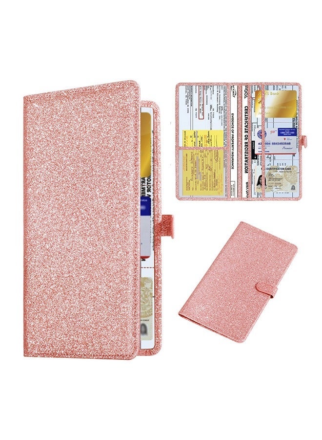 Bukela Car Registration & Insurance Card Holder Leather Auto Glove Box Organizer Document Wallet with Magnetic Shut ( Glitter Rose ) - Image 1