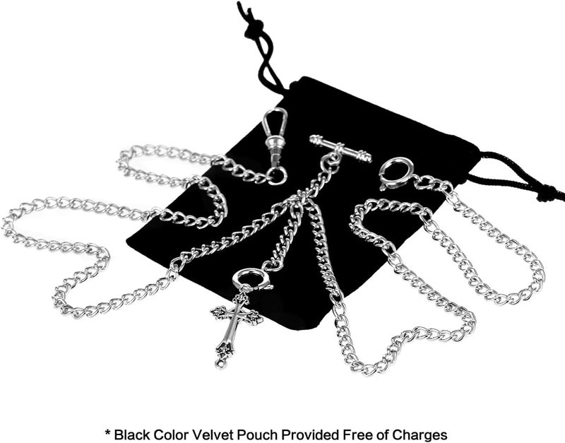 TREEWETO Men's Double Albert Chain Pocket Watch Curb Link Key Chain 3 Hooks with Antique Cross Pendant Design Charm Fob T Bar - Image 2