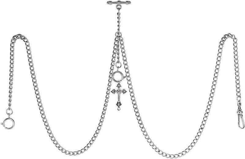 TREEWETO Men's Double Albert Chain Pocket Watch Curb Link Key Chain 3 Hooks with Antique Cross Pendant Design Charm Fob T Bar - Image 1