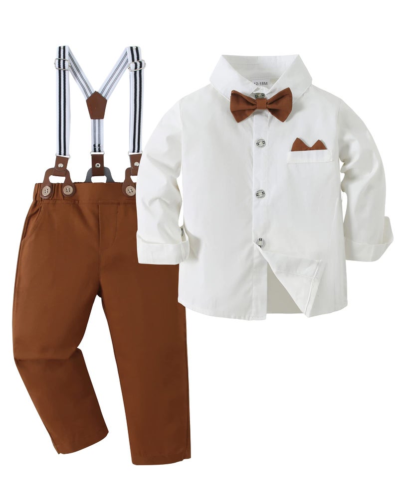 YALLET Toddler Baby Boy Clothes Suit Gentleman Outfits Formal Dress Shirt Bowtie Suspender Pants Wedding PartyL White 23T