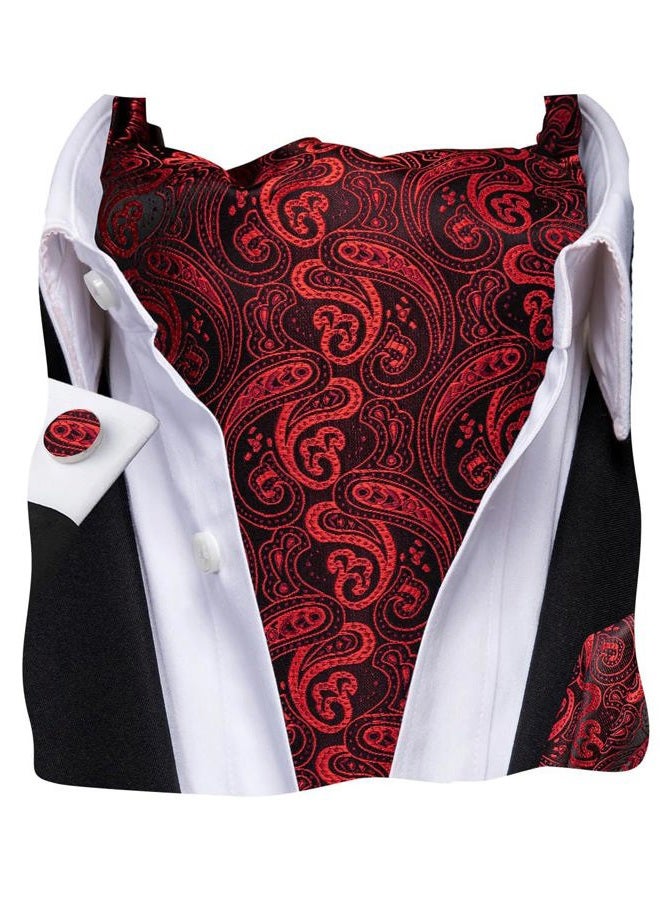 Dubulle Men's Paisley Cravat Ties with Pocket Square and Cufflinks Ascot and Handkerchief Set B Red, M - Image 1