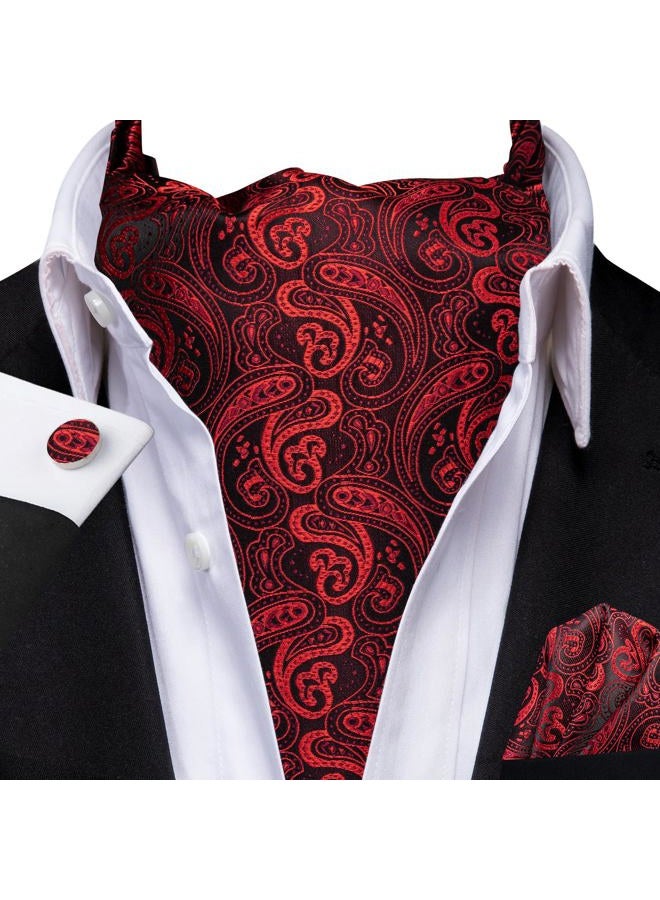 Dubulle Men's Paisley Cravat Ties with Pocket Square and Cufflinks Ascot and Handkerchief Set B Red, M - Image 2
