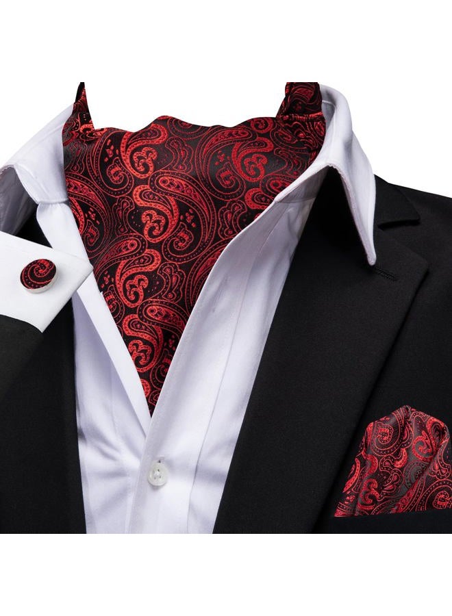 Dubulle Men's Paisley Cravat Ties with Pocket Square and Cufflinks Ascot and Handkerchief Set B Red, M - Image 3