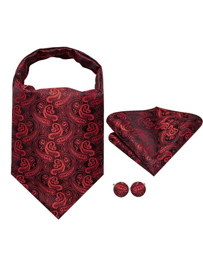 Dubulle Men's Paisley Cravat Ties with Pocket Square and Cufflinks Ascot and Handkerchief Set B Red, M - Image 4